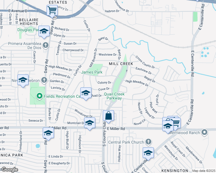 map of restaurants, bars, coffee shops, grocery stores, and more near 1314 Colony Drive in Garland