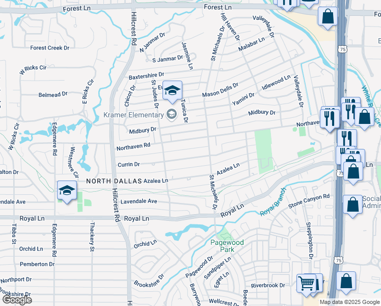 map of restaurants, bars, coffee shops, grocery stores, and more near 7215 Currin Drive in Dallas