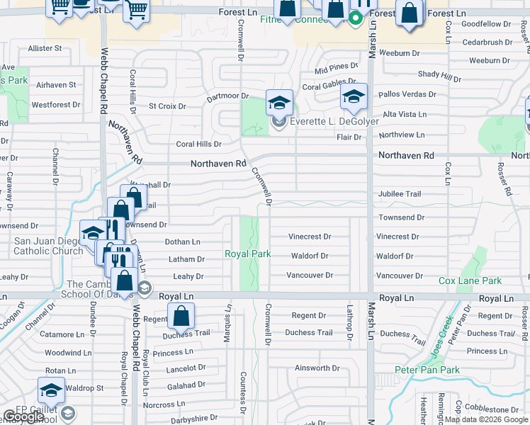 map of restaurants, bars, coffee shops, grocery stores, and more near 3475 Townsend Drive in Dallas
