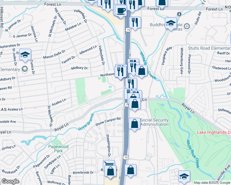map of restaurants, bars, coffee shops, grocery stores, and more near 11091 North Central Expressway in Dallas