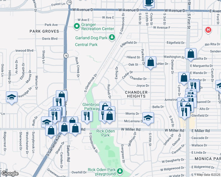 map of restaurants, bars, coffee shops, grocery stores, and more near 1522 Russell Drive in Garland