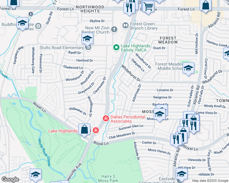 map of restaurants, bars, coffee shops, grocery stores, and more near 9009 Green Oaks Circle in Dallas