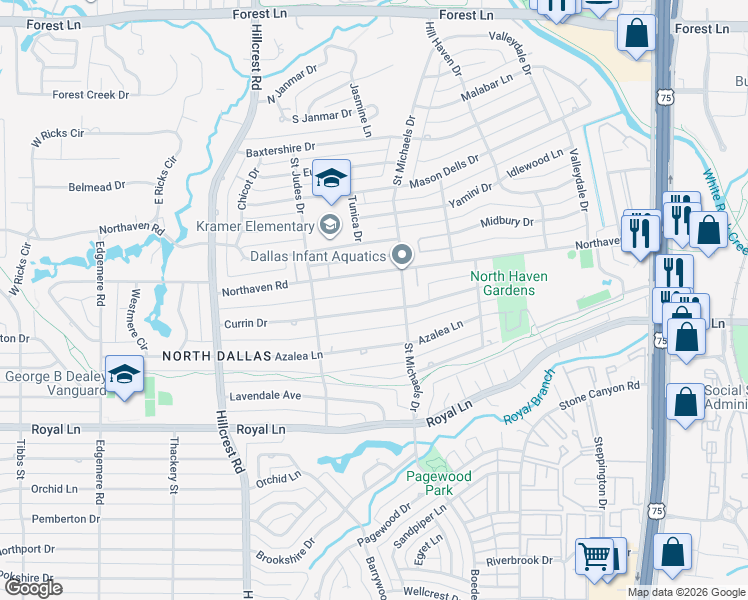 map of restaurants, bars, coffee shops, grocery stores, and more near 7215 Currin Drive in Dallas