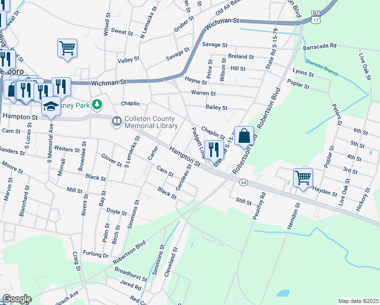 map of restaurants, bars, coffee shops, grocery stores, and more near 618 South Carolina 64 in Walterboro
