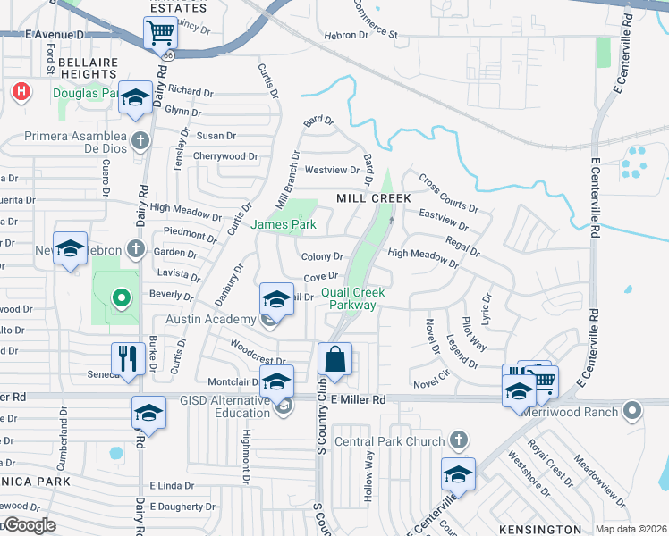 map of restaurants, bars, coffee shops, grocery stores, and more near 1314 Colony Drive in Garland