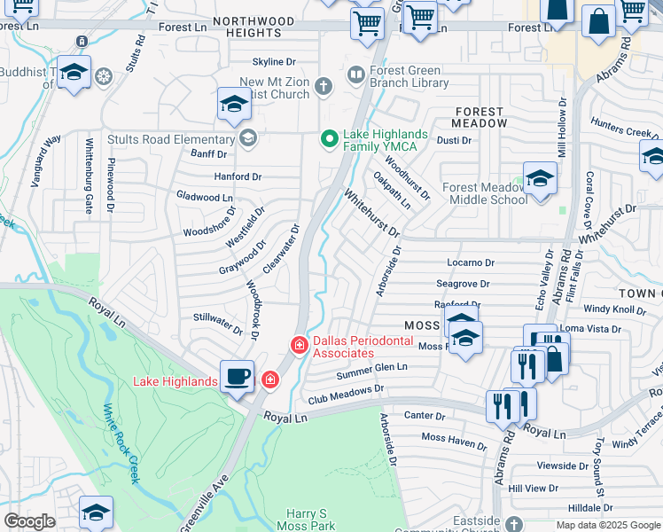 map of restaurants, bars, coffee shops, grocery stores, and more near 9009 Green Oaks Circle in Dallas