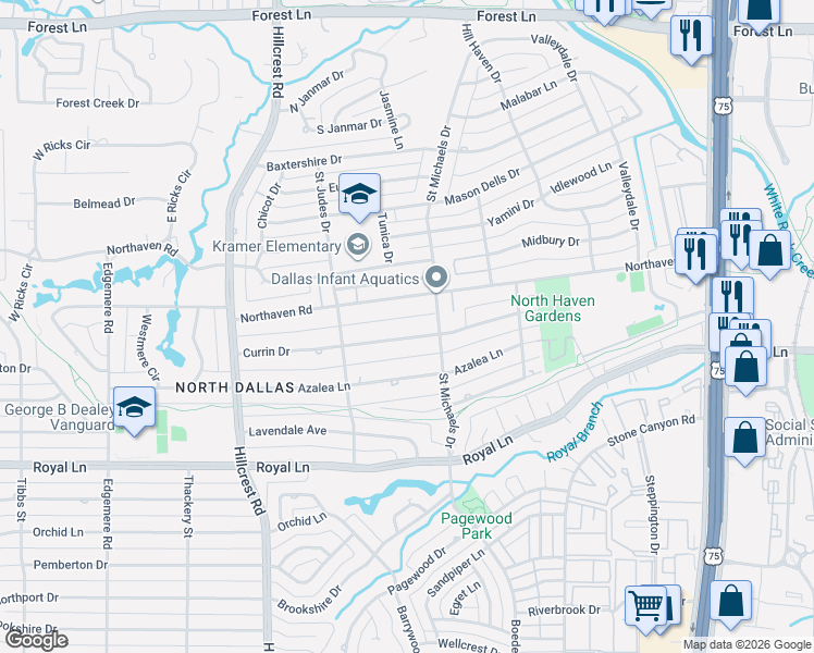 map of restaurants, bars, coffee shops, grocery stores, and more near 7215 Currin Drive in Dallas