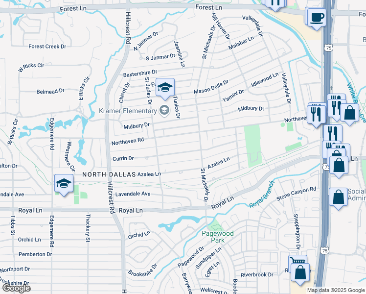 map of restaurants, bars, coffee shops, grocery stores, and more near 7215 Currin Drive in Dallas