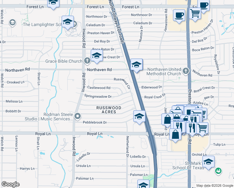 map of restaurants, bars, coffee shops, grocery stores, and more near 5411 Springmeadow Drive in Dallas
