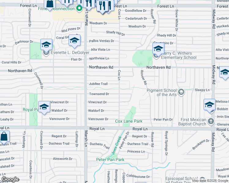 map of restaurants, bars, coffee shops, grocery stores, and more near 3787 Townsend Drive in Dallas