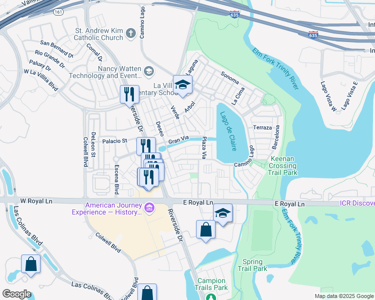 map of restaurants, bars, coffee shops, grocery stores, and more near 6616 Deseo in Irving