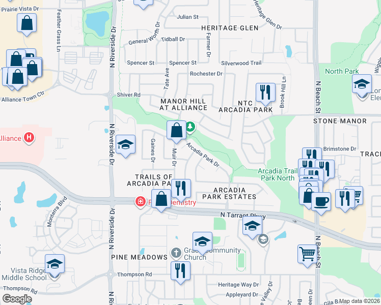 map of restaurants, bars, coffee shops, grocery stores, and more near 8713 Rainy Lake Drive in Fort Worth