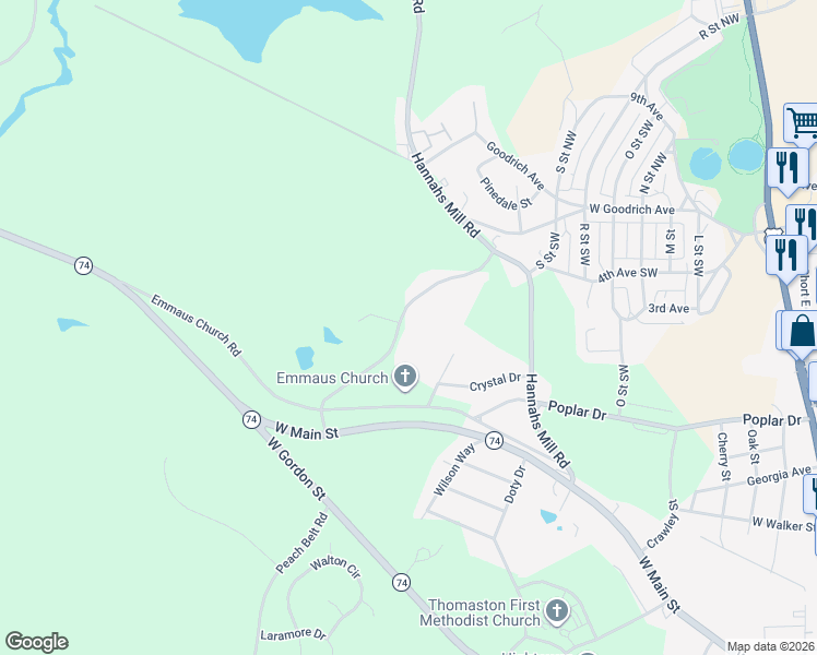 map of restaurants, bars, coffee shops, grocery stores, and more near 120 Mill Race Road in Thomaston