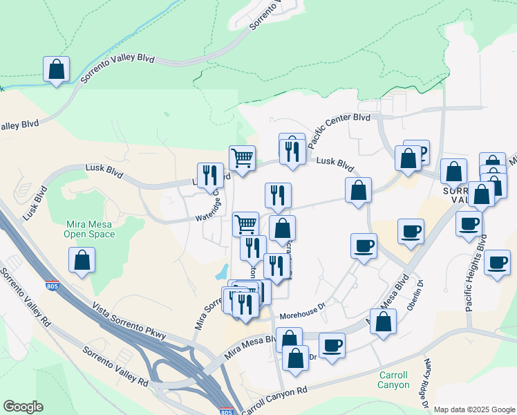 map of restaurants, bars, coffee shops, grocery stores, and more near 9940 Barnes Canyon Road in San Diego