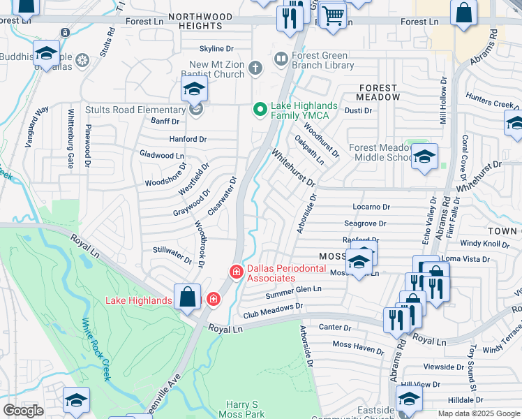 map of restaurants, bars, coffee shops, grocery stores, and more near 9009 Green Oaks Circle in Dallas