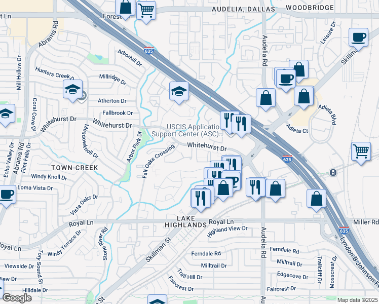 map of restaurants, bars, coffee shops, grocery stores, and more near 9850 Whitehurst Drive in Dallas