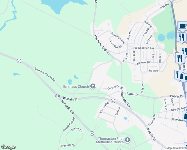 map of restaurants, bars, coffee shops, grocery stores, and more near 120 Mill Race Road in Thomaston