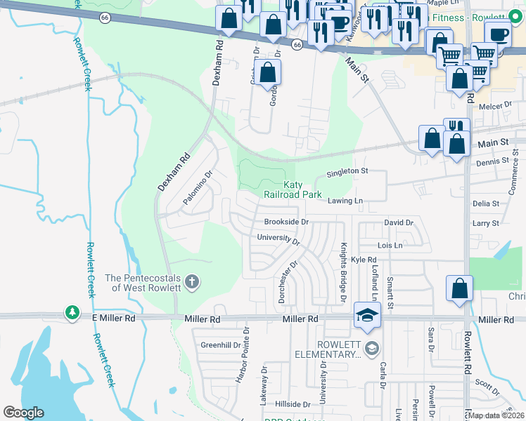 map of restaurants, bars, coffee shops, grocery stores, and more near 2306 Cortland Circle in Rowlett