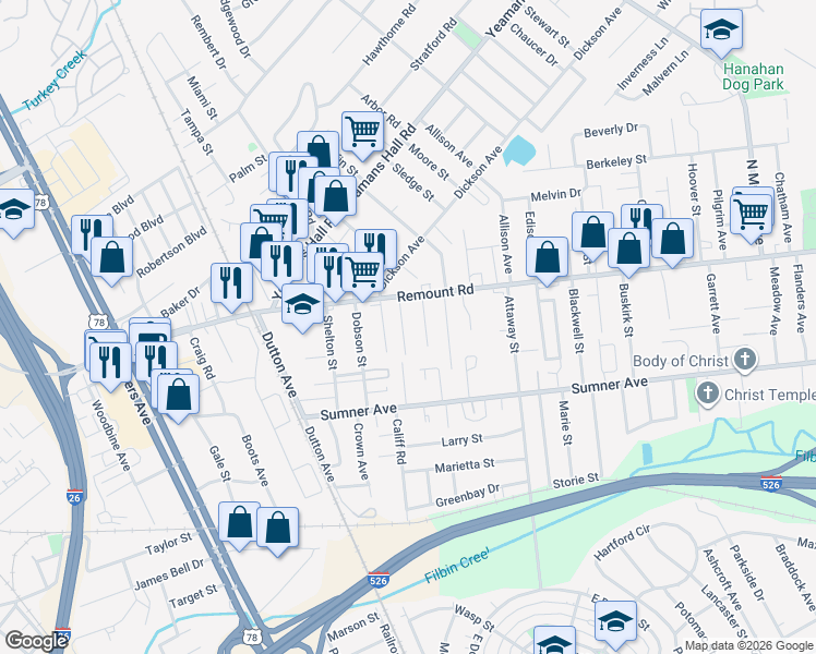 map of restaurants, bars, coffee shops, grocery stores, and more near 1633 Remount Road in North Charleston