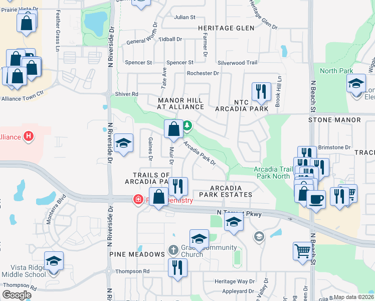 map of restaurants, bars, coffee shops, grocery stores, and more near 8713 Rainy Lake Drive in Fort Worth