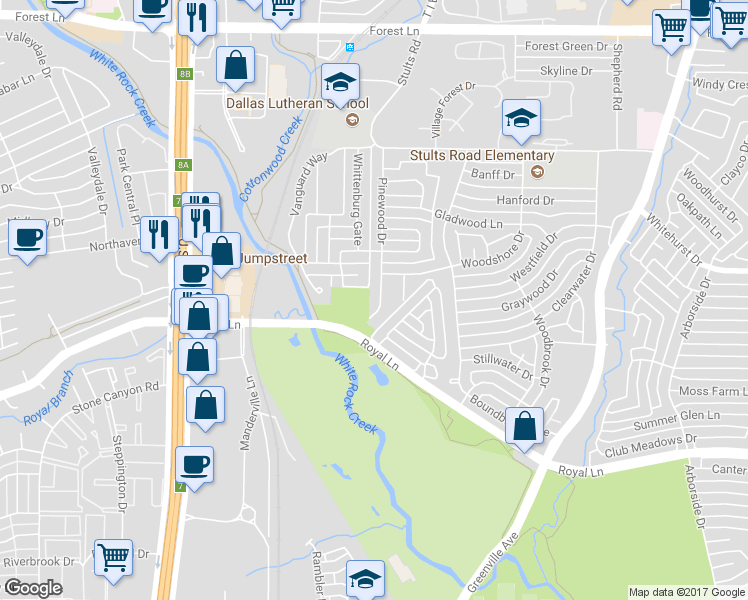 map of restaurants, bars, coffee shops, grocery stores, and more near 9023 Pinewood Drive in Dallas