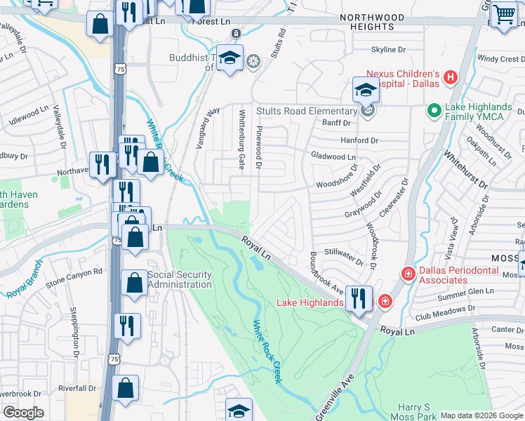 map of restaurants, bars, coffee shops, grocery stores, and more near 9026 Pinewood Drive in Dallas