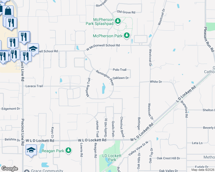 map of restaurants, bars, coffee shops, grocery stores, and more near 405 Polo Court in Colleyville