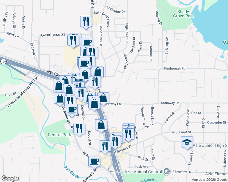 map of restaurants, bars, coffee shops, grocery stores, and more near 421 Inwood Road in Azle