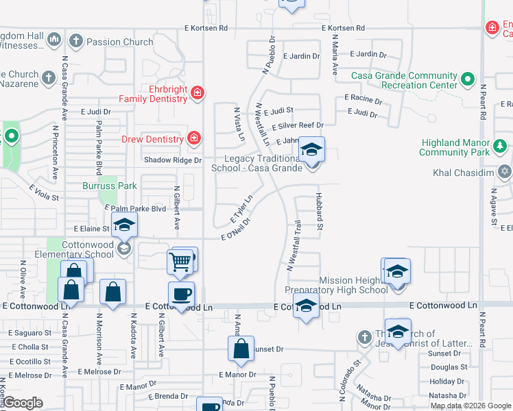 map of restaurants, bars, coffee shops, grocery stores, and more near 1177 East Tyler Lane in Casa Grande