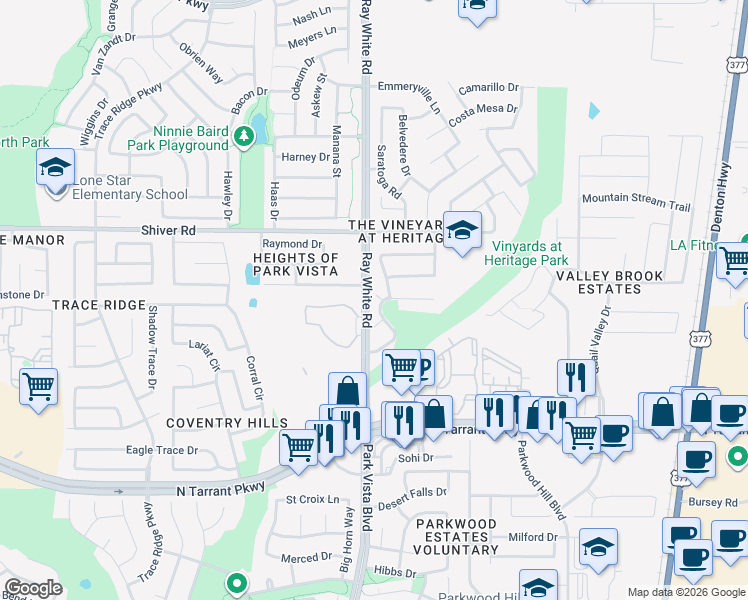 map of restaurants, bars, coffee shops, grocery stores, and more near 5241 Alta Loma Drive in Fort Worth