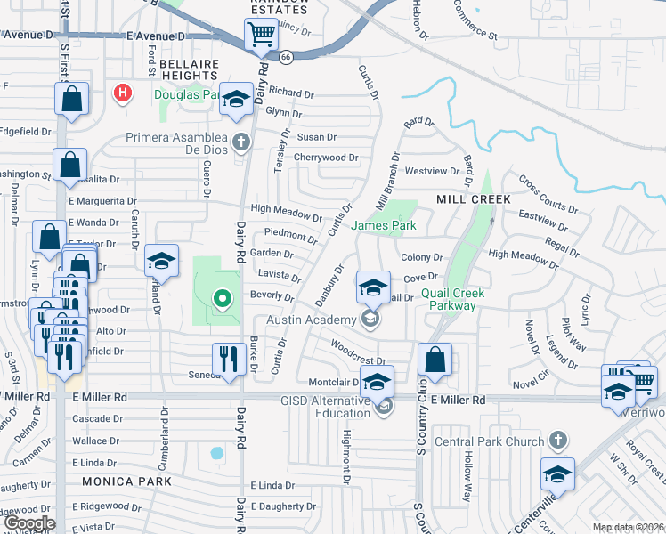 map of restaurants, bars, coffee shops, grocery stores, and more near 1425 Danbury Drive in Garland