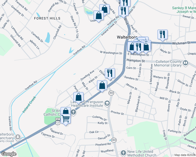 map of restaurants, bars, coffee shops, grocery stores, and more near 215 Klein Street in Walterboro