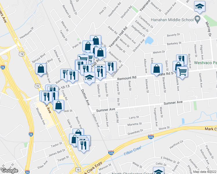 map of restaurants, bars, coffee shops, grocery stores, and more near 5640 Dobson Street in North Charleston