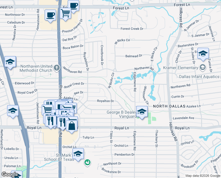 map of restaurants, bars, coffee shops, grocery stores, and more near 11040 Tibbs Street in Dallas