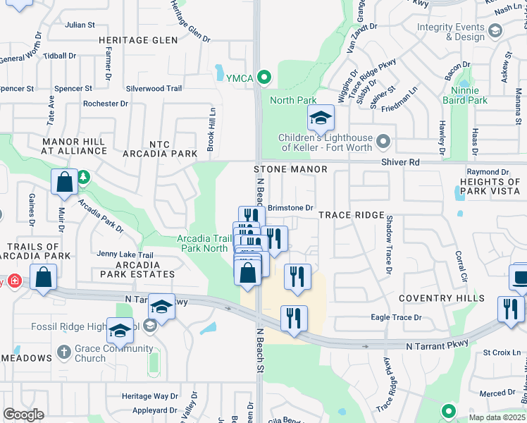 map of restaurants, bars, coffee shops, grocery stores, and more near 4500 Brimstone Drive in Fort Worth