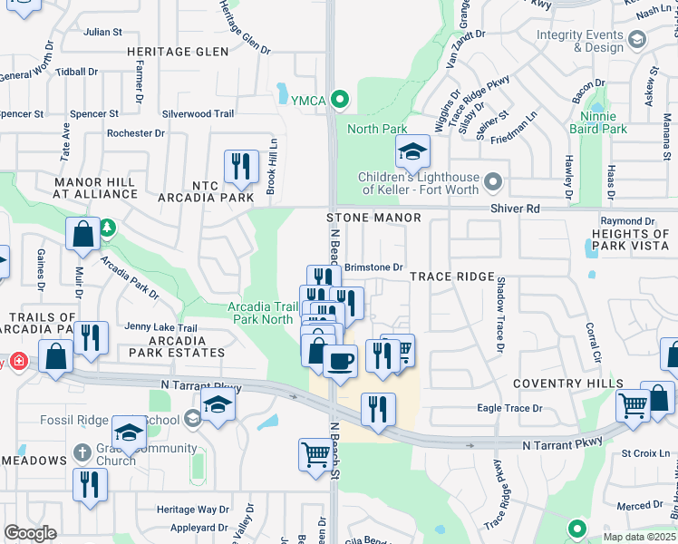 map of restaurants, bars, coffee shops, grocery stores, and more near 4500 Brimstone Drive in Fort Worth