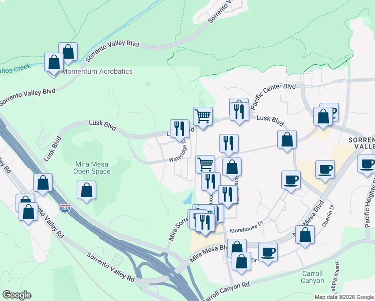map of restaurants, bars, coffee shops, grocery stores, and more near 10201 Wateridge Circle in San Diego