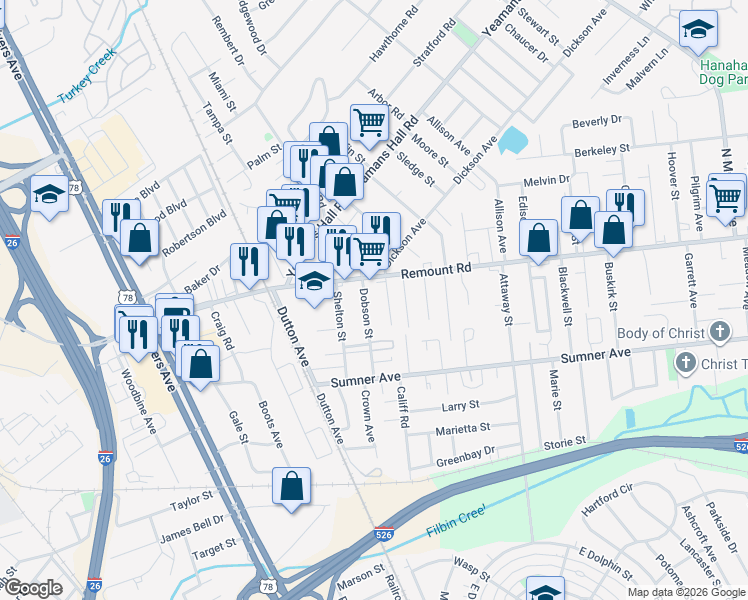 map of restaurants, bars, coffee shops, grocery stores, and more near 5640 Dobson Street in North Charleston