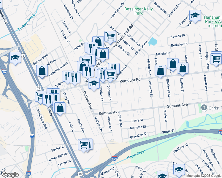 map of restaurants, bars, coffee shops, grocery stores, and more near 5640 Dobson Street in North Charleston