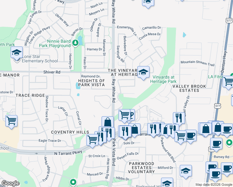 map of restaurants, bars, coffee shops, grocery stores, and more near 5241 Alta Loma Drive in Fort Worth