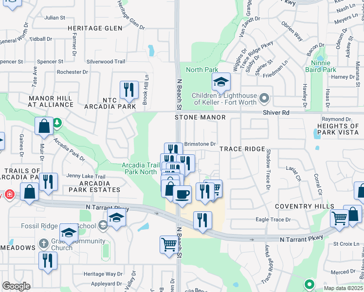 map of restaurants, bars, coffee shops, grocery stores, and more near 4500 Brimstone Drive in Fort Worth
