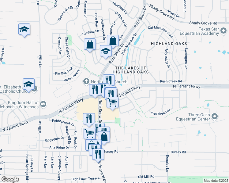 map of restaurants, bars, coffee shops, grocery stores, and more near 1855 Rufe Snow Drive in Keller