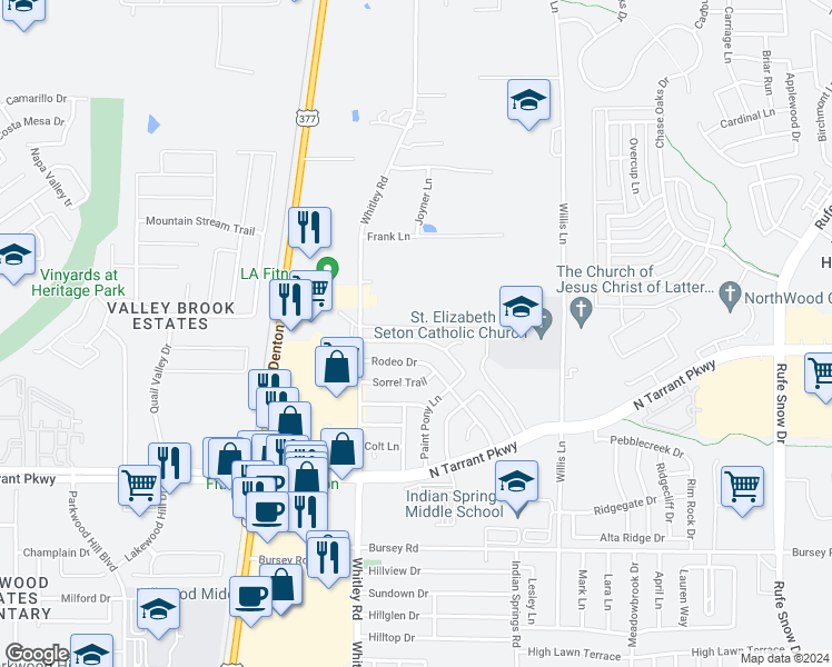 map of restaurants, bars, coffee shops, grocery stores, and more near 225 Stallion Drive in Keller