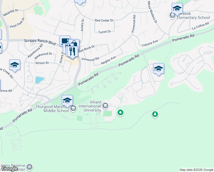 map of restaurants, bars, coffee shops, grocery stores, and more near 9901 Calcaterra Square in San Diego
