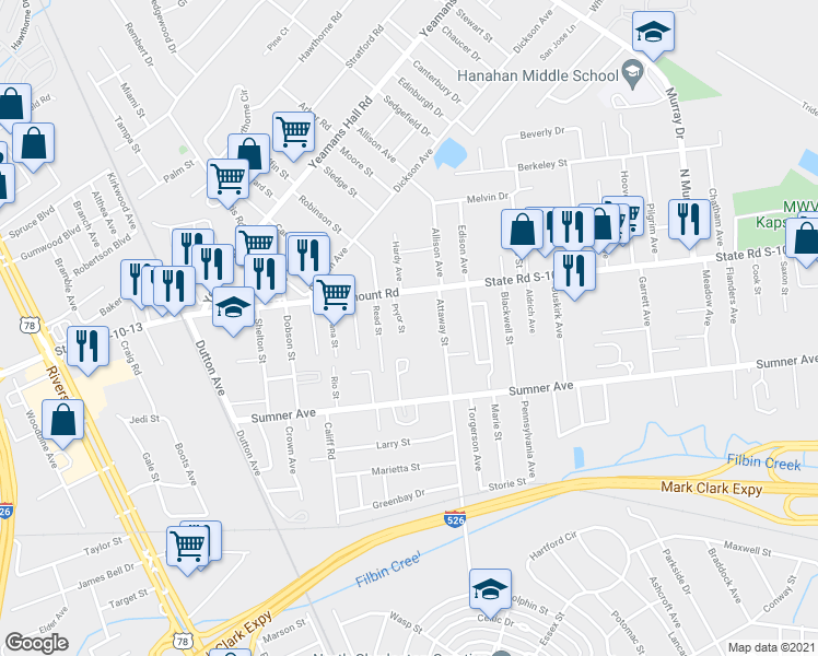 map of restaurants, bars, coffee shops, grocery stores, and more near 5632 Pryor Street in North Charleston