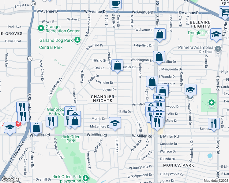 map of restaurants, bars, coffee shops, grocery stores, and more near 412 Joyce Drive in Garland