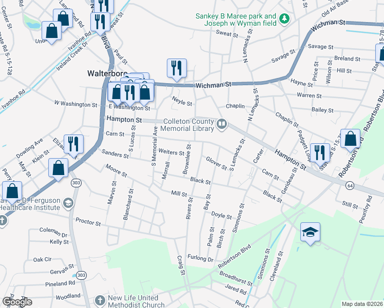 map of restaurants, bars, coffee shops, grocery stores, and more near 111 Brownlee Street in Walterboro