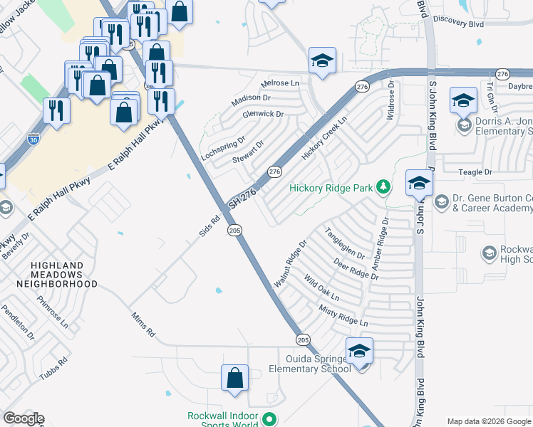 map of restaurants, bars, coffee shops, grocery stores, and more near 2525 Eastwood Drive in Rockwall