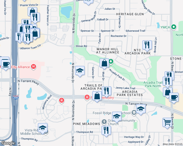 map of restaurants, bars, coffee shops, grocery stores, and more near 8713 Gaines Drive in Fort Worth