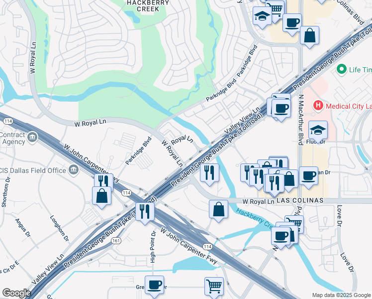 map of restaurants, bars, coffee shops, grocery stores, and more near 1501 West Royal Lane in Irving